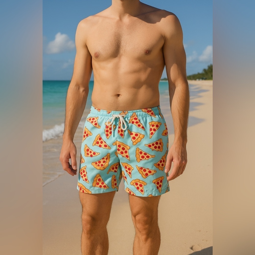 Men’s Pizza Slice Swim Shorts – Fun Summer Beach Trunks – Size M